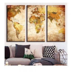 3 Panel Vintage World Map Painting