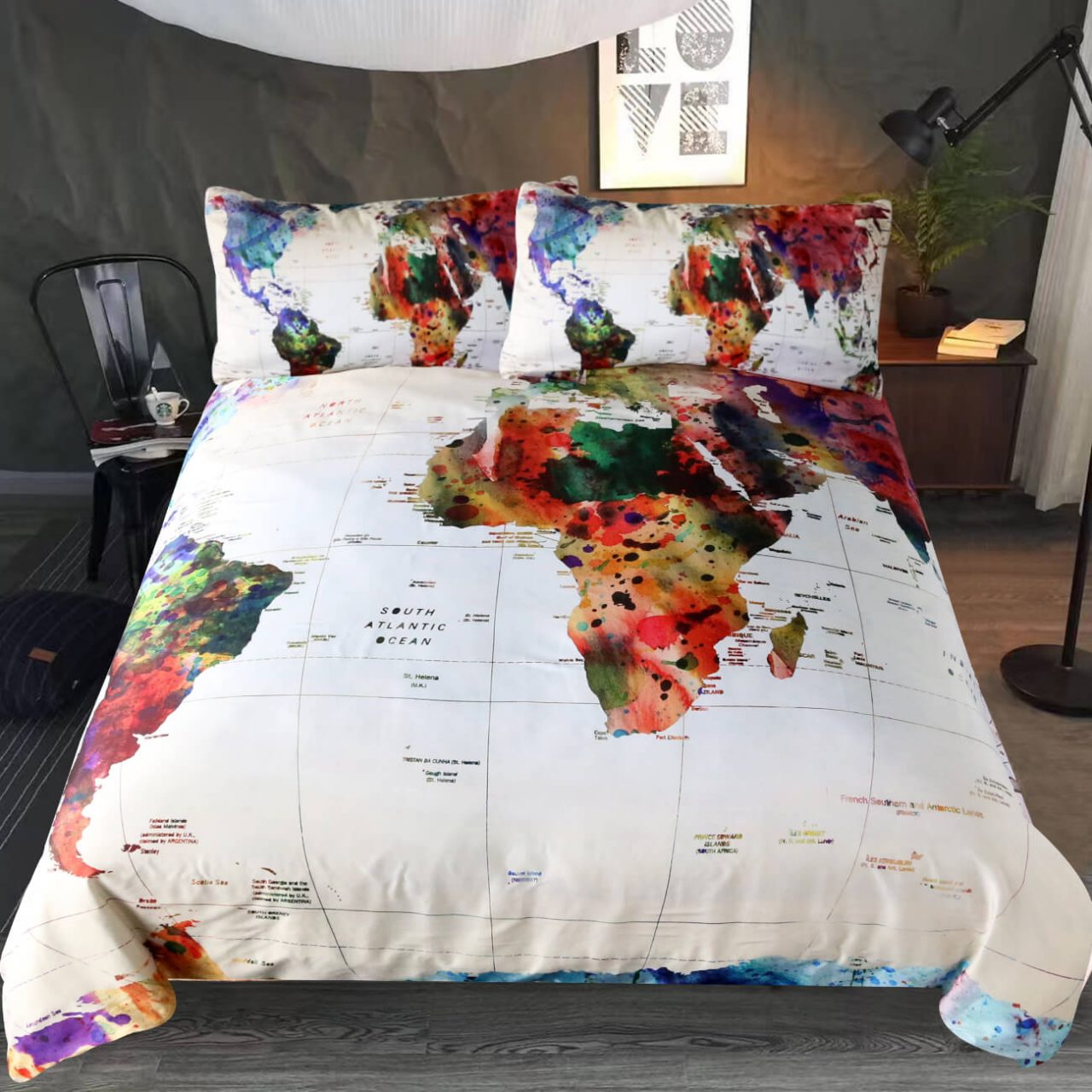 Watercolor World Map With Place Names Bedding Set Travel Bible Shop